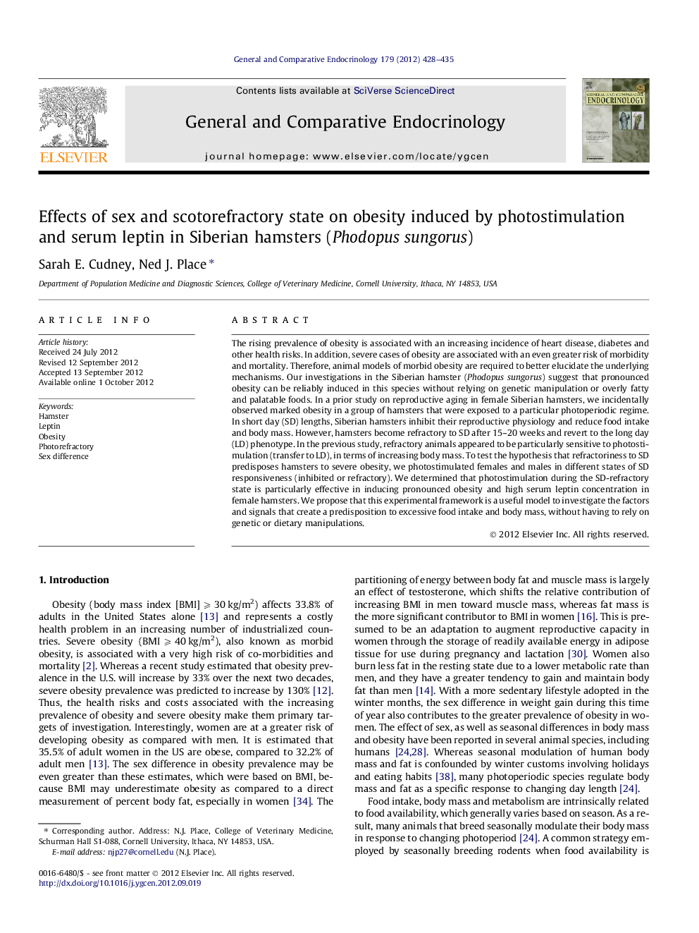 Effects of sex and scotorefractory state on obesity induced by photostimulation and serum leptin in Siberian hamsters (Phodopus sungorus)