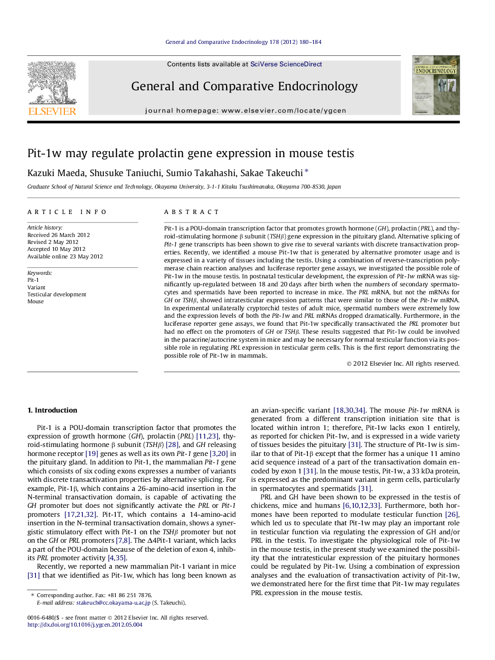 Pit-1w may regulate prolactin gene expression in mouse testis