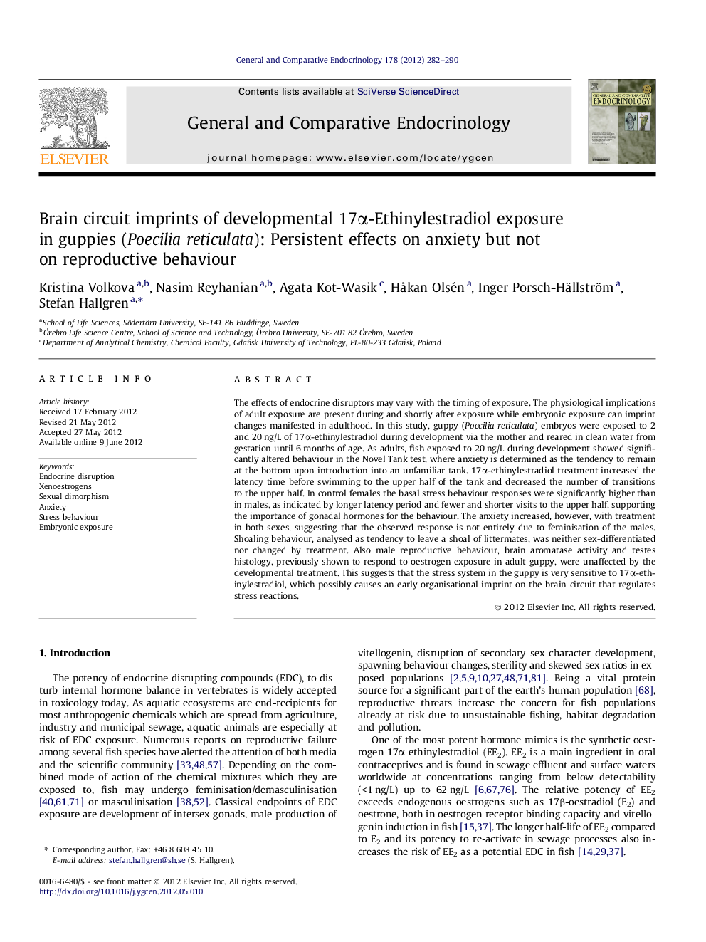 Brain circuit imprints of developmental 17α-Ethinylestradiol exposure in guppies (Poecilia reticulata): Persistent effects on anxiety but not on reproductive behaviour