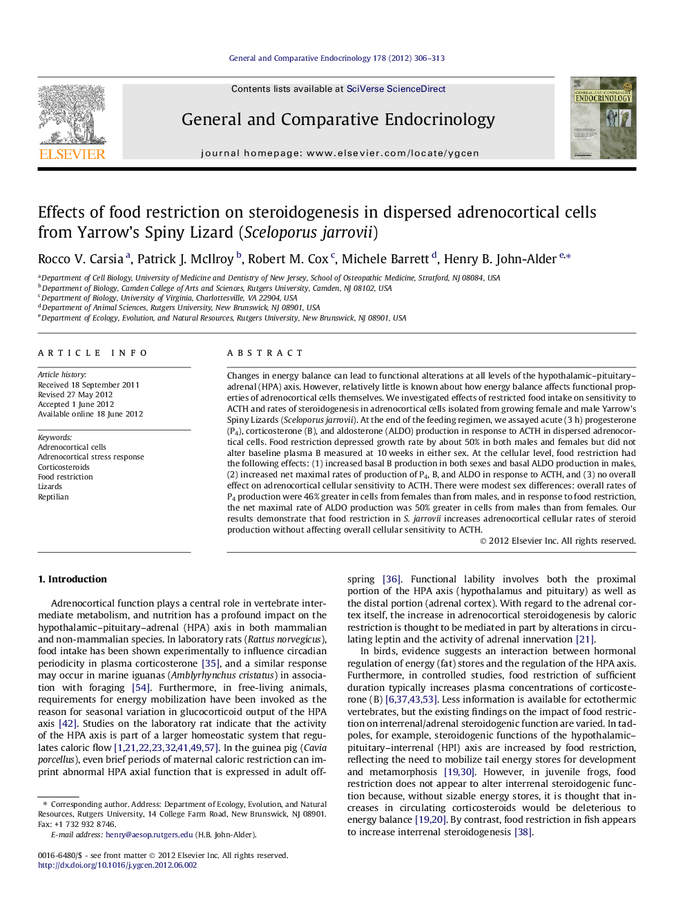 عکس صفحه اول مقاله: Effects of food restriction on steroidogenesis in dispersed adrenocortical cells from Yarrow’s Spiny Lizard (Sceloporus jarrovii) Effects of food restriction on steroidogenesis in dispersed adrenocortical cells from Yarrow’s Spiny Lizard (Sceloporus jarrovii)