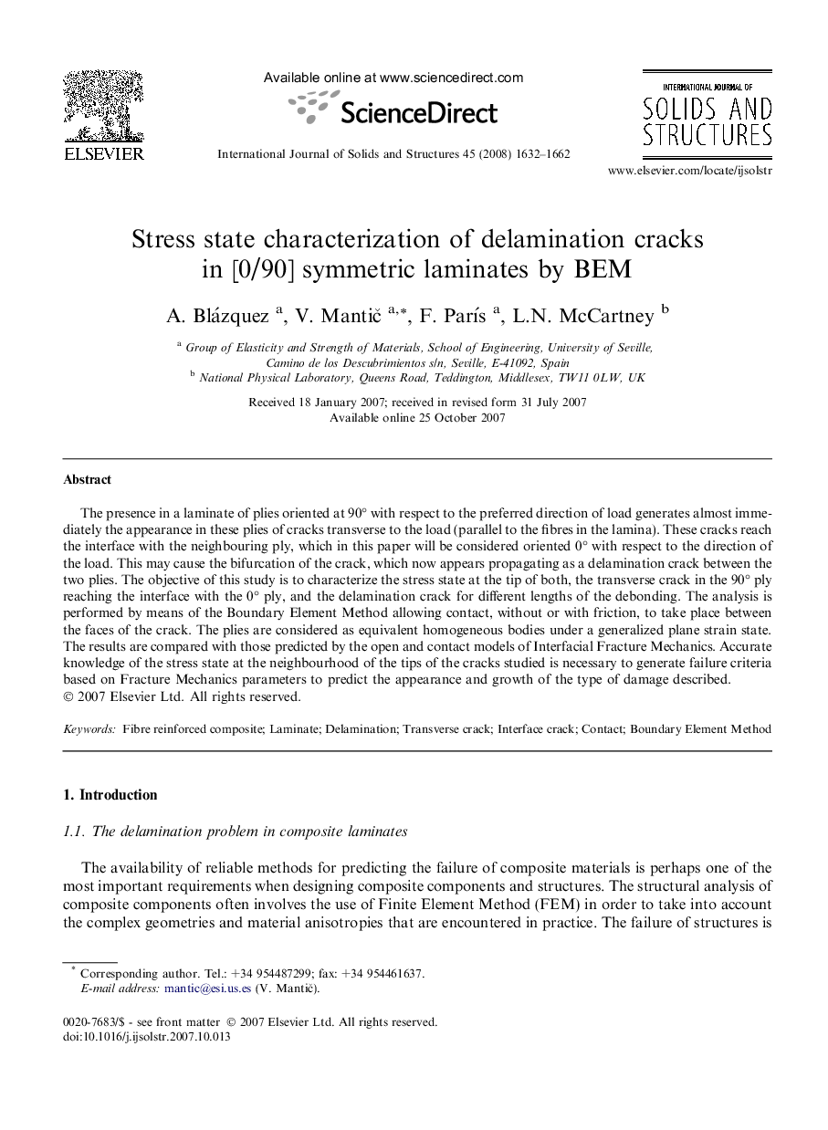 Stress state characterization of delamination cracks in [0/90] symmetric laminates by BEM