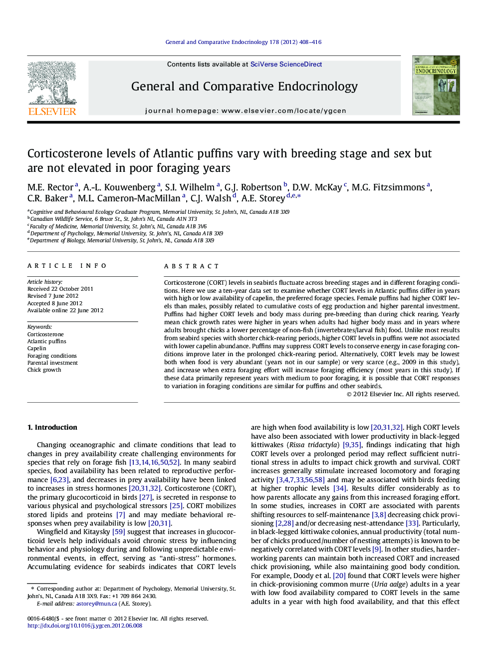 Corticosterone levels of Atlantic puffins vary with breeding stage and sex but are not elevated in poor foraging years