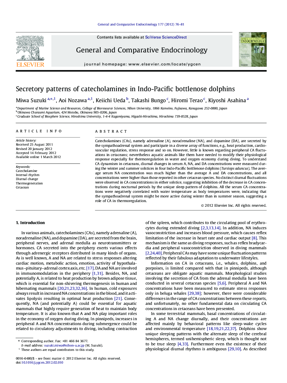 Secretory patterns of catecholamines in Indo-Pacific bottlenose dolphins