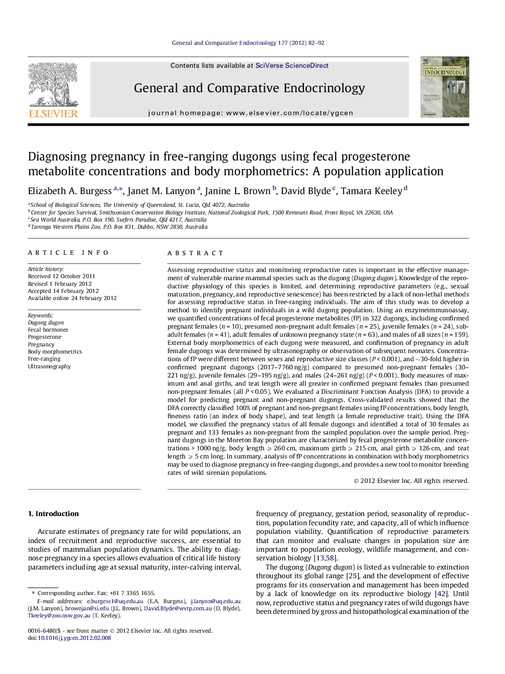 عکس صفحه اول مقاله: Diagnosing pregnancy in free-ranging dugongs using fecal progesterone metabolite concentrations and body morphometrics: A population application Diagnosing pregnancy in free-ranging dugongs using fecal progesterone metabolite concentrations and body morphometrics: A population application