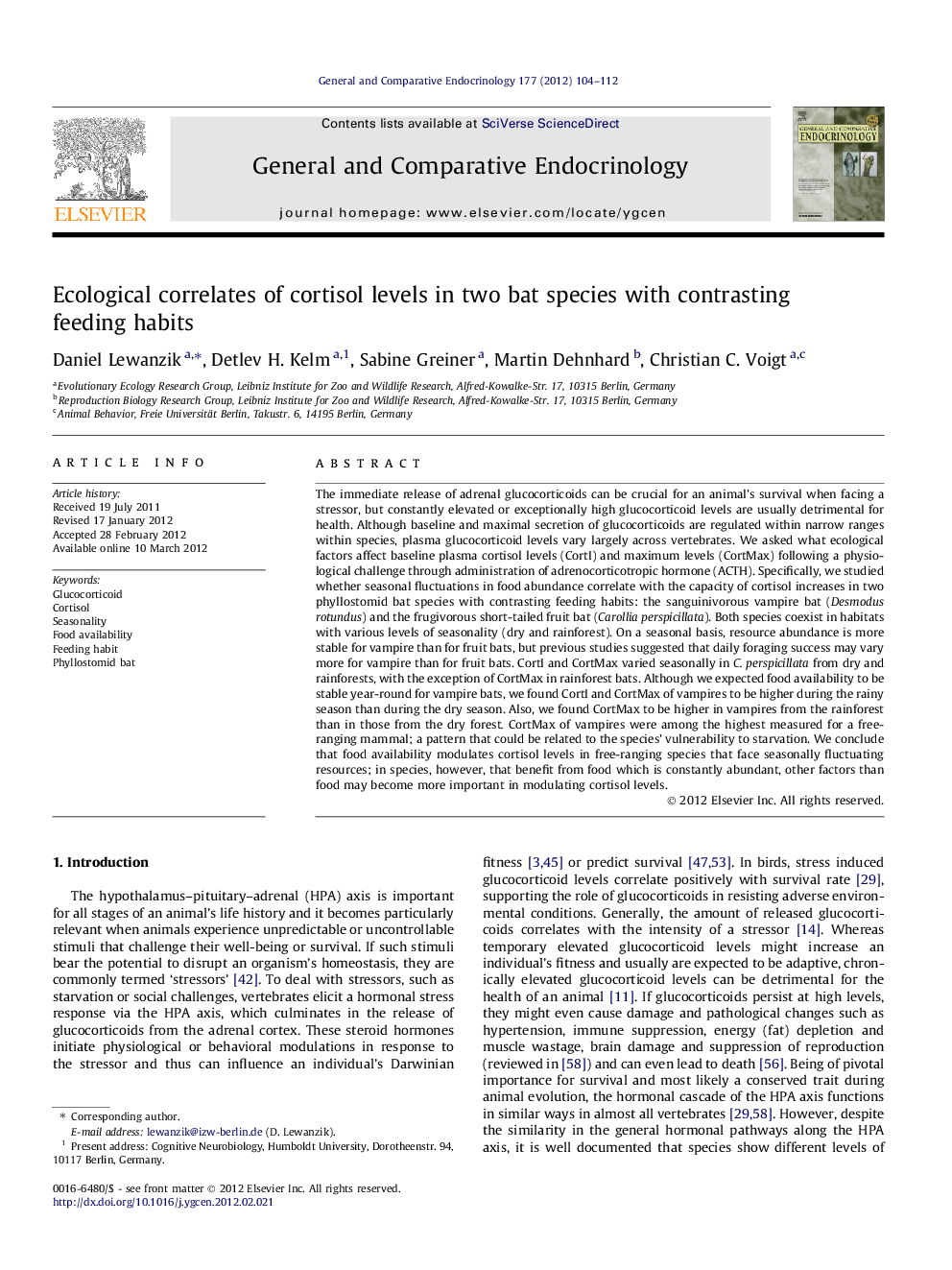 Ecological correlates of cortisol levels in two bat species with contrasting feeding habits