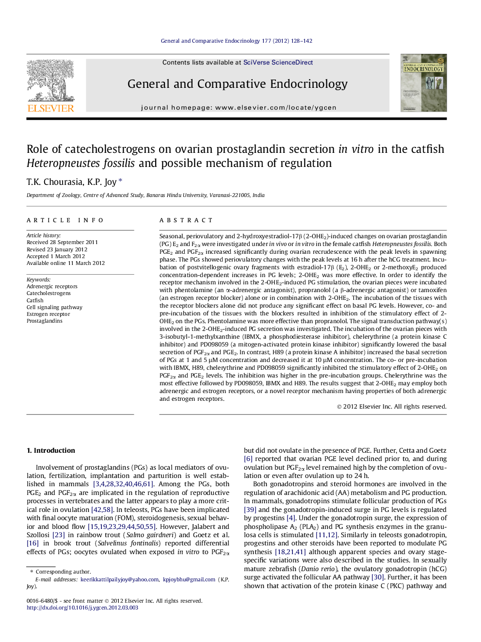 عکس صفحه اول مقاله: Role of catecholestrogens on ovarian prostaglandin secretion in vitro in the catfish Heteropneustes fossilis and possible mechanism of regulation Role of catecholestrogens on ovarian prostaglandin secretion in vitro in the catfish Heteropneustes fossilis and possible mechanism of regulation