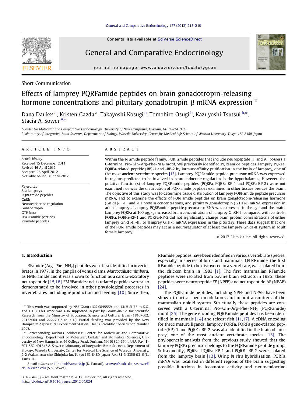 Effects of lamprey PQRFamide peptides on brain gonadotropin-releasing hormone concentrations and pituitary gonadotropin-β mRNA expression 