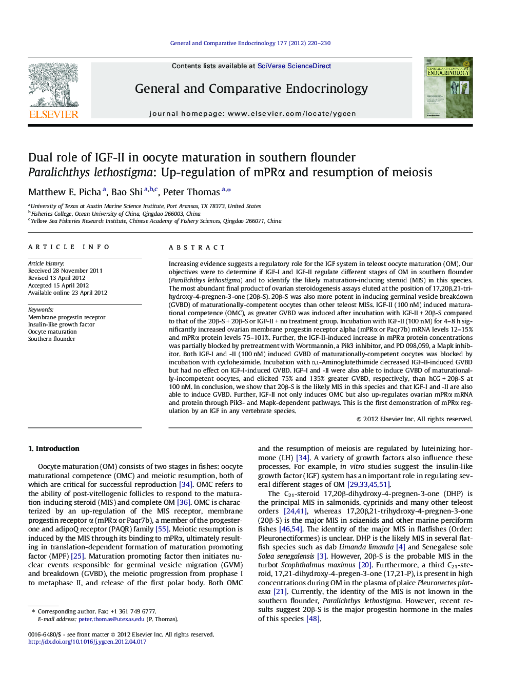 Dual role of IGF-II in oocyte maturation in southern flounder Paralichthys lethostigma: Up-regulation of mPRα and resumption of meiosis