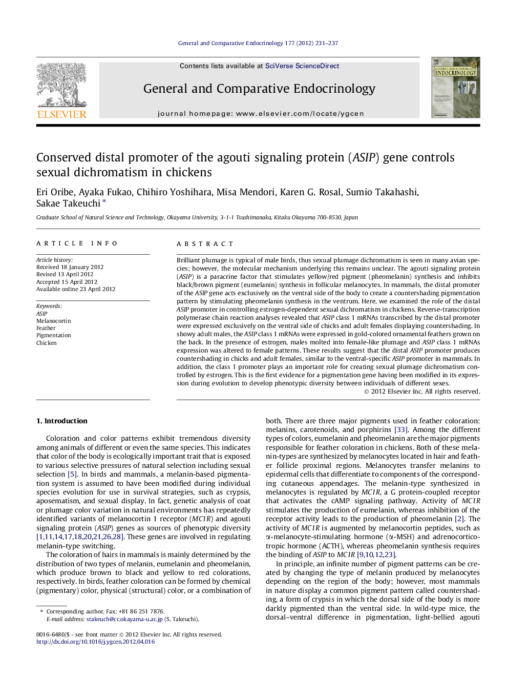 Conserved distal promoter of the agouti signaling protein (ASIP) gene controls sexual dichromatism in chickens