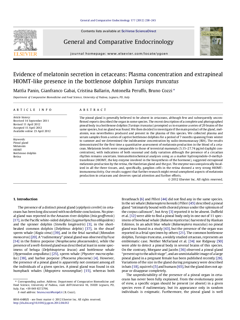 Evidence of melatonin secretion in cetaceans: Plasma concentration and extrapineal HIOMT-like presence in the bottlenose dolphin Tursiops truncatus