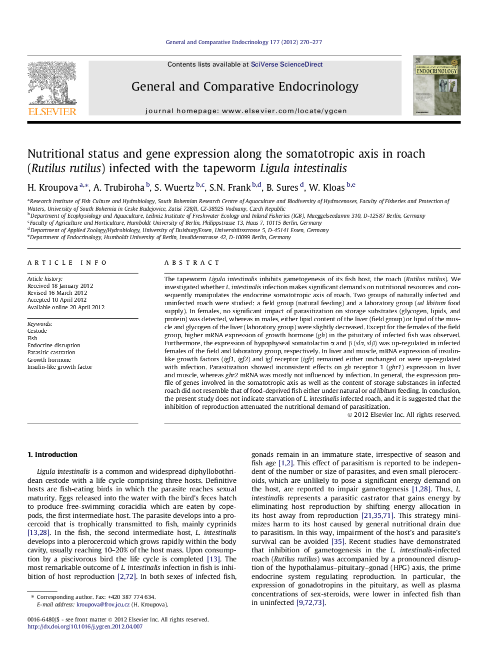 Nutritional status and gene expression along the somatotropic axis in roach (Rutilus rutilus) infected with the tapeworm Ligula intestinalis