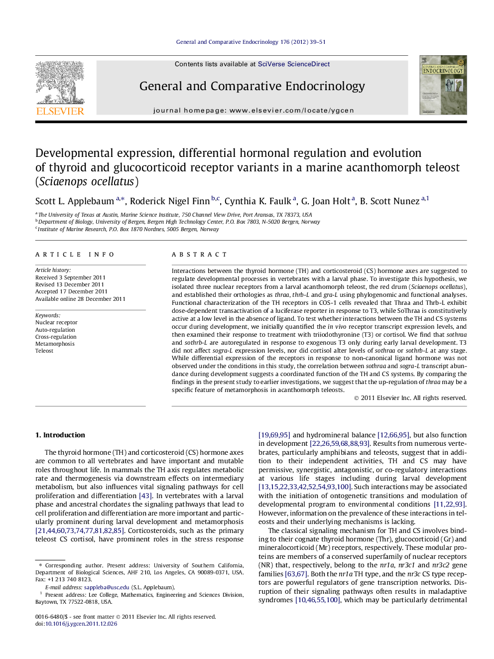 Developmental expression, differential hormonal regulation and evolution of thyroid and glucocorticoid receptor variants in a marine acanthomorph teleost (Sciaenops ocellatus)