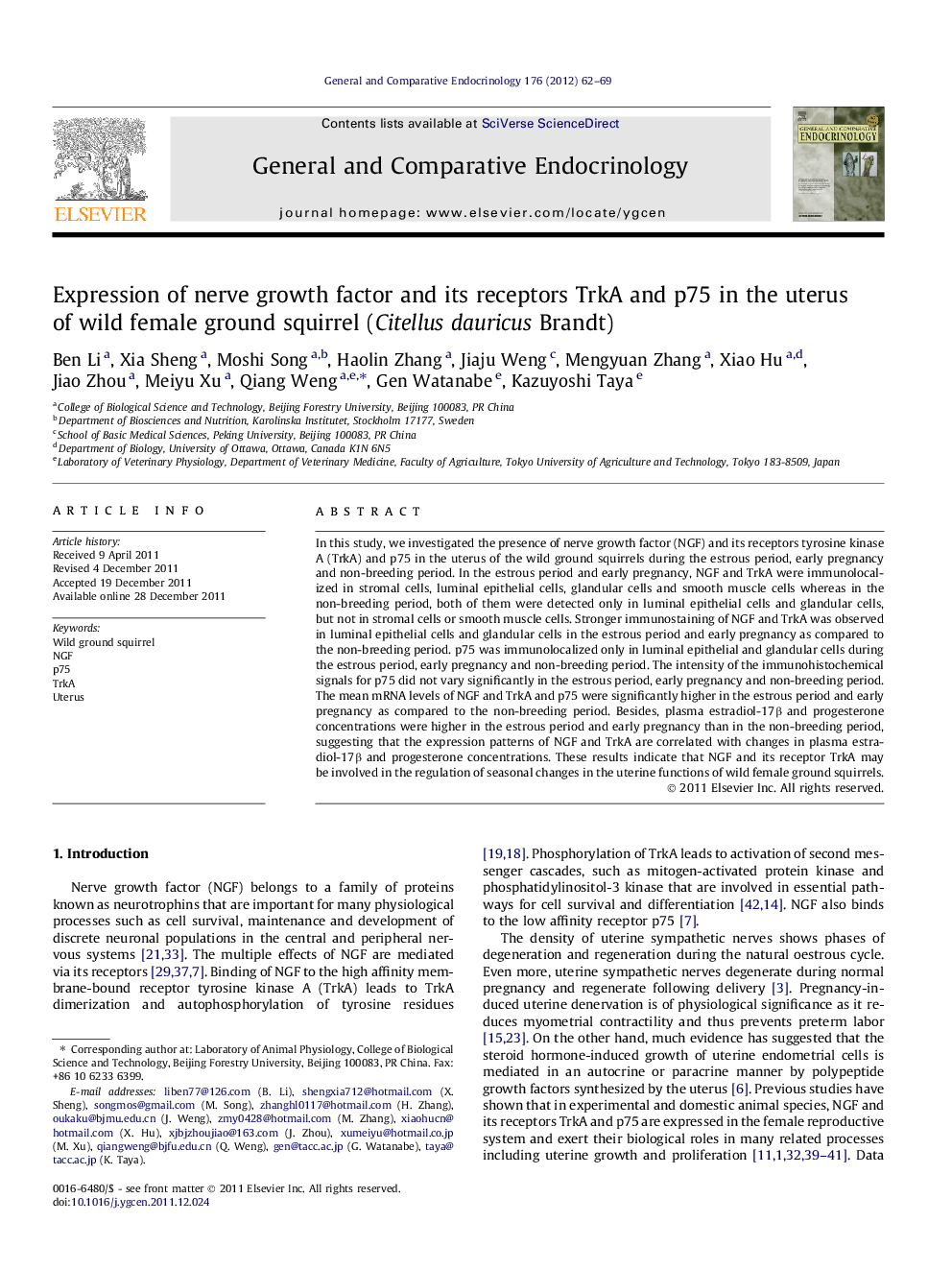 Expression of nerve growth factor and its receptors TrkA and p75 in the uterus of wild female ground squirrel (Citellus dauricus Brandt)