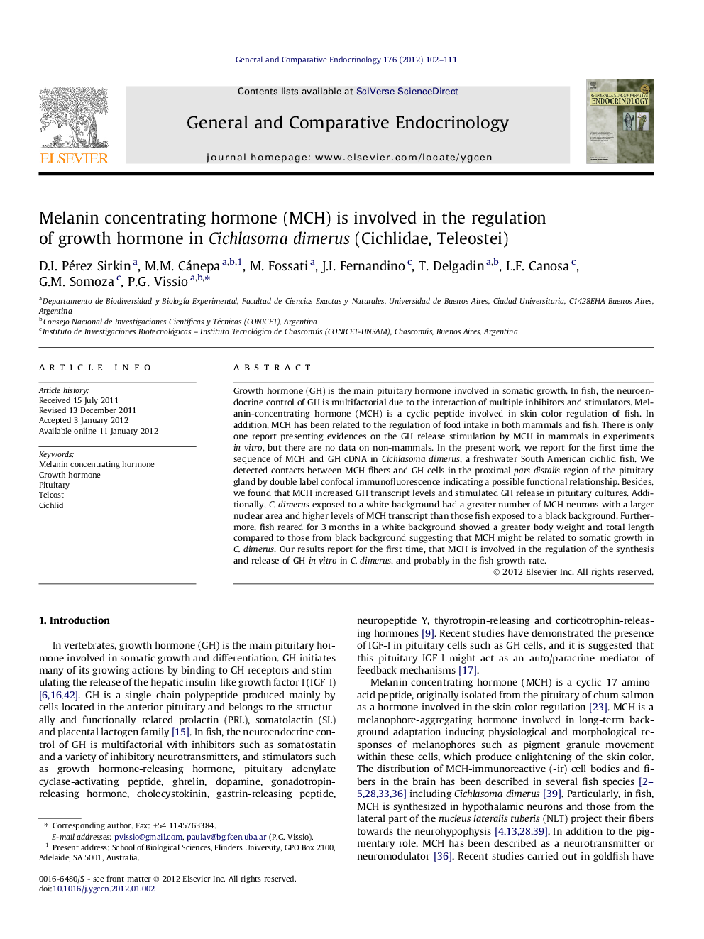 Melanin concentrating hormone (MCH) is involved in the regulation of growth hormone in Cichlasoma dimerus (Cichlidae, Teleostei)