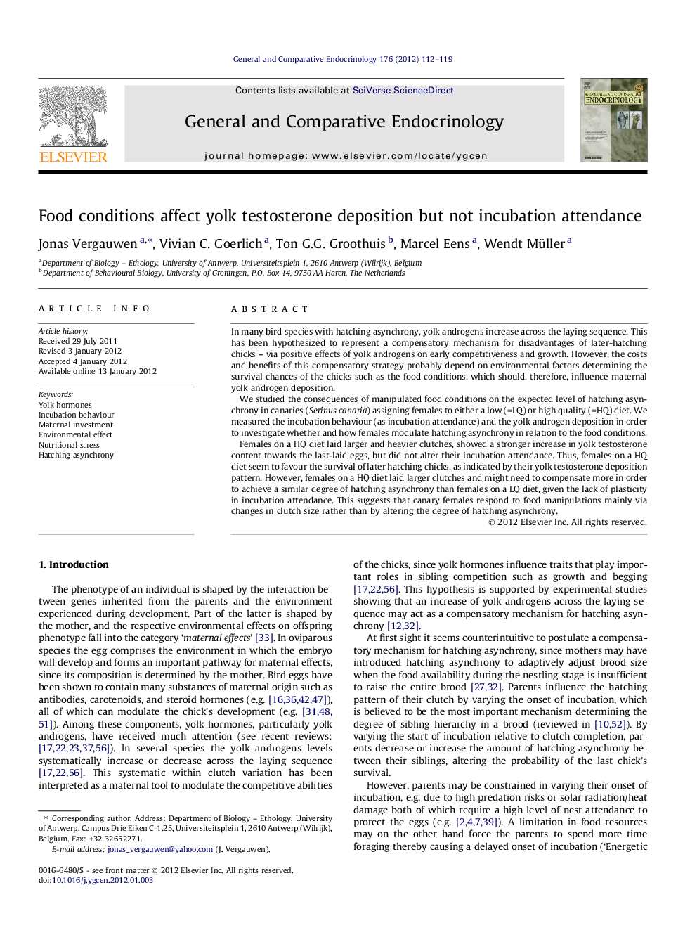 Food conditions affect yolk testosterone deposition but not incubation attendance