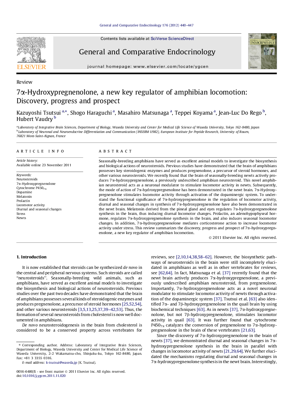 7α-Hydroxypregnenolone, a new key regulator of amphibian locomotion: Discovery, progress and prospect