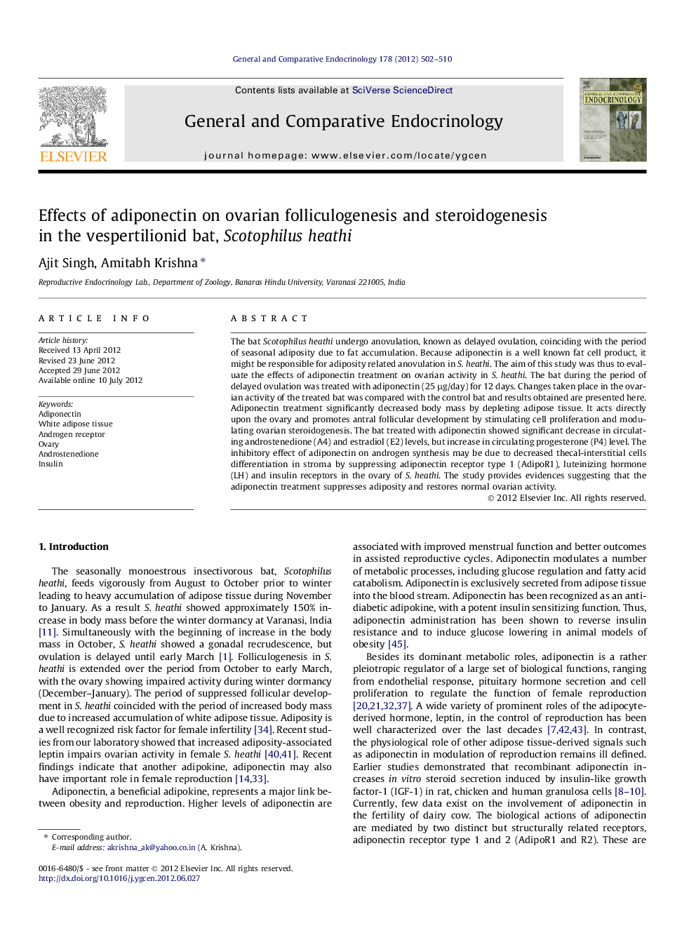 Effects of adiponectin on ovarian folliculogenesis and steroidogenesis in the vespertilionid bat, Scotophilus heathi