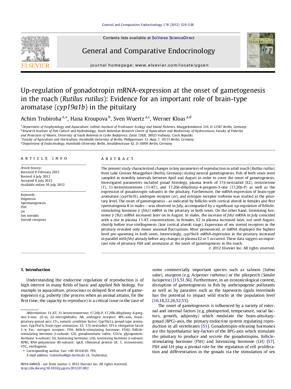 Up-regulation of gonadotropin mRNA-expression at the onset of gametogenesis in the roach (Rutilus rutilus): Evidence for an important role of brain-type aromatase (cyp19a1b) in the pituitary