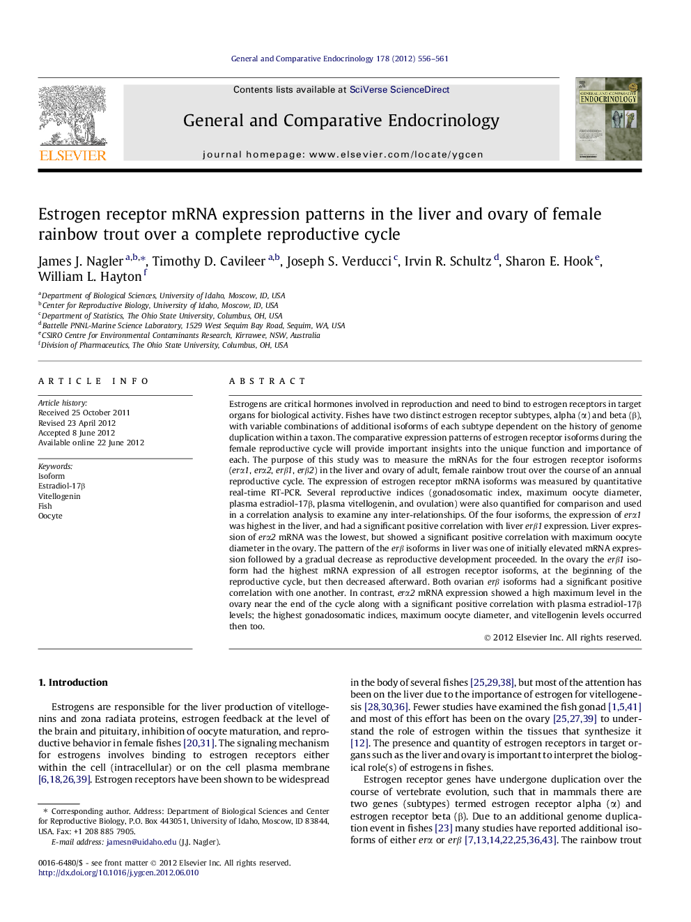 Estrogen receptor mRNA expression patterns in the liver and ovary of female rainbow trout over a complete reproductive cycle