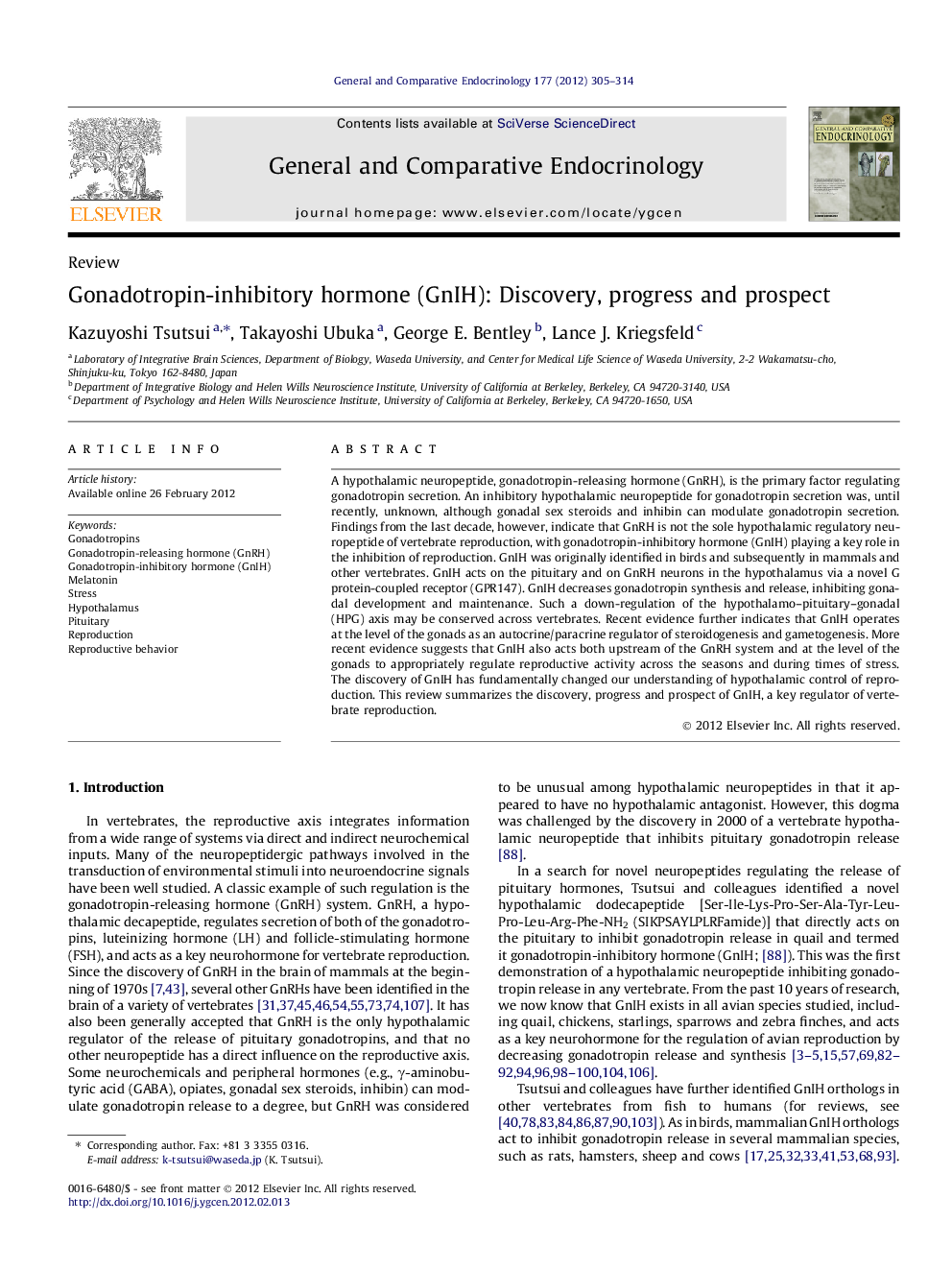 Gonadotropin-inhibitory hormone (GnIH): Discovery, progress and prospect