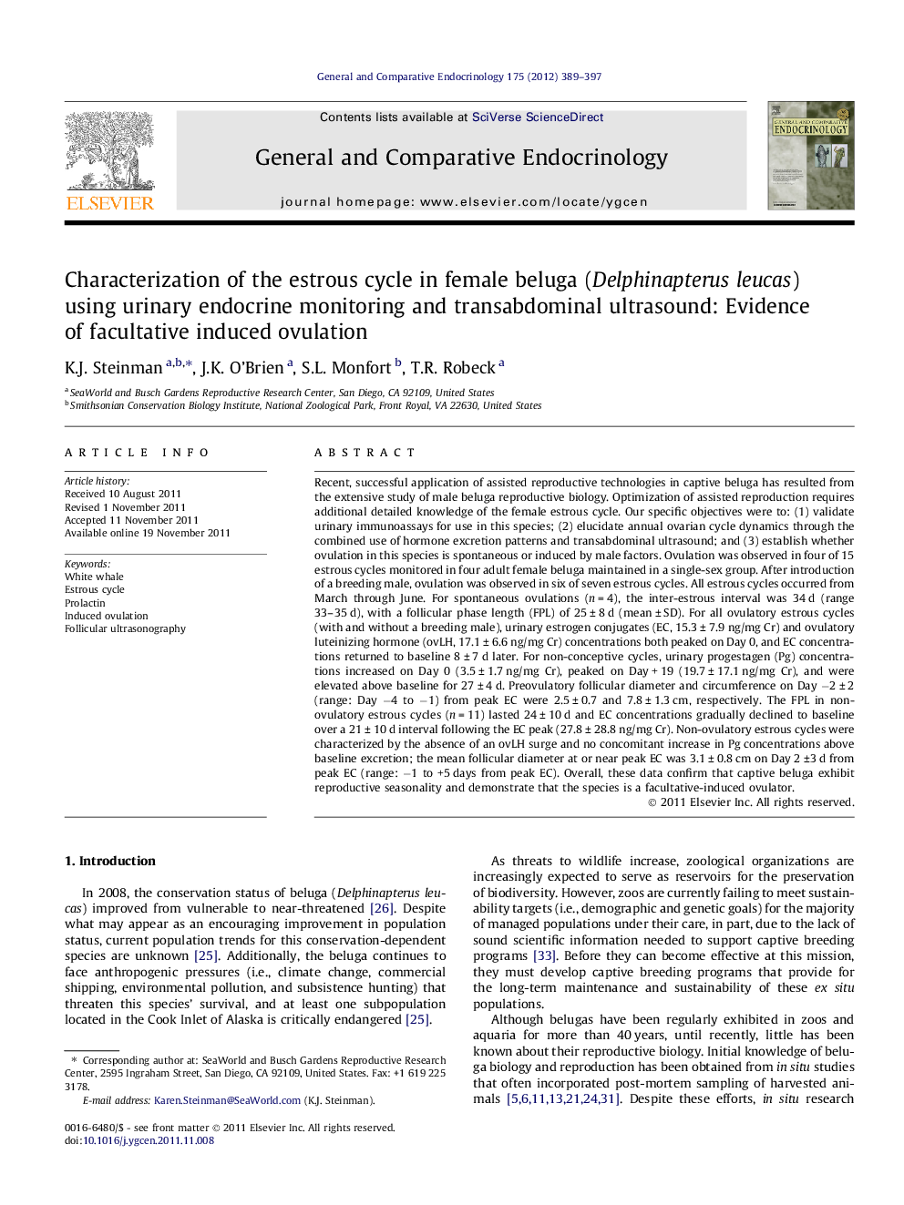 Characterization of the estrous cycle in female beluga (Delphinapterus leucas) using urinary endocrine monitoring and transabdominal ultrasound: Evidence of facultative induced ovulation