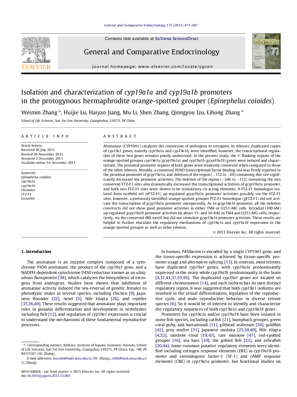 Isolation and characterization of cyp19a1a and cyp19a1b promoters in the protogynous hermaphrodite orange-spotted grouper (Epinephelus coioides)