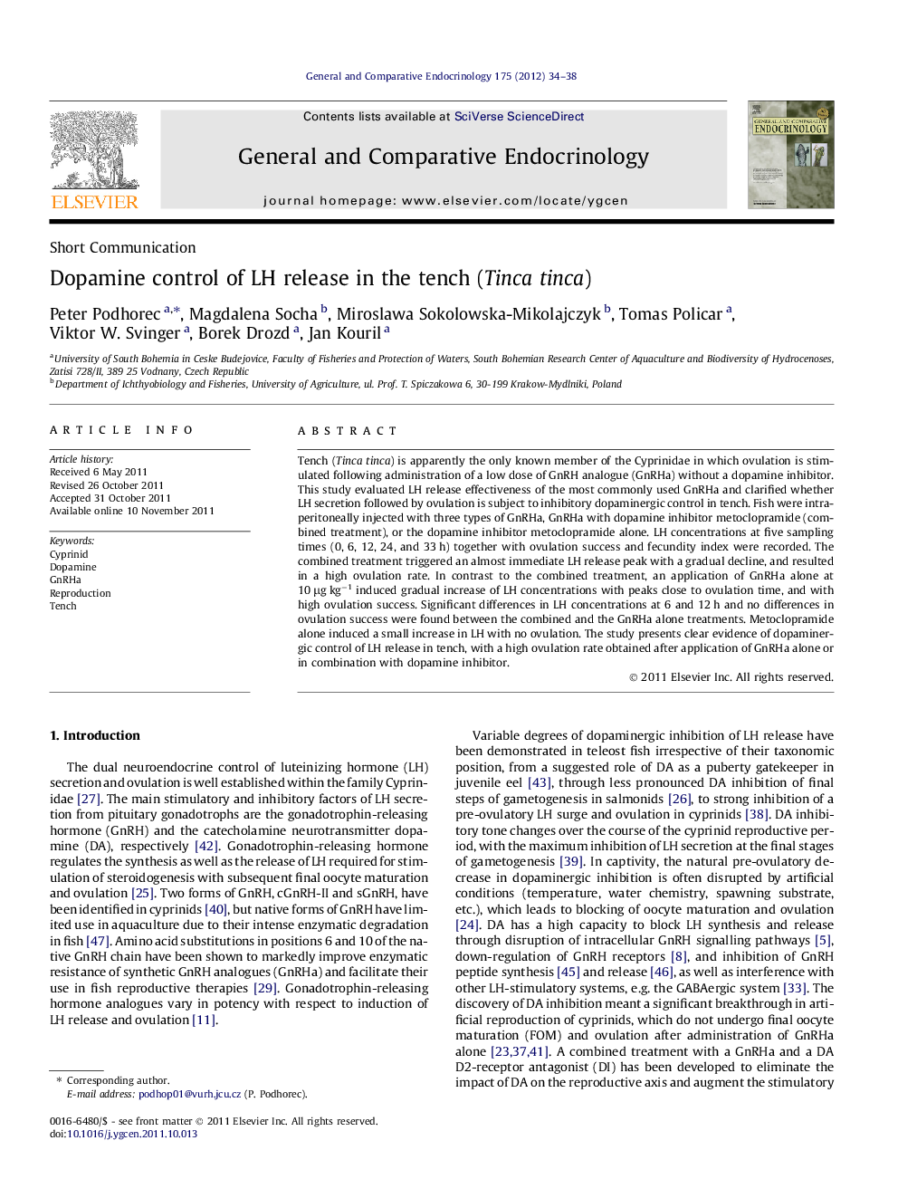 Dopamine control of LH release in the tench (Tinca tinca)