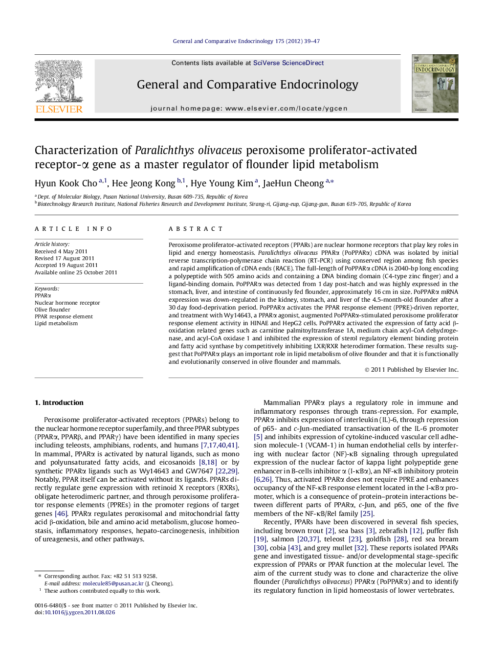 Characterization of Paralichthys olivaceus peroxisome proliferator-activated receptor-α gene as a master regulator of flounder lipid metabolism