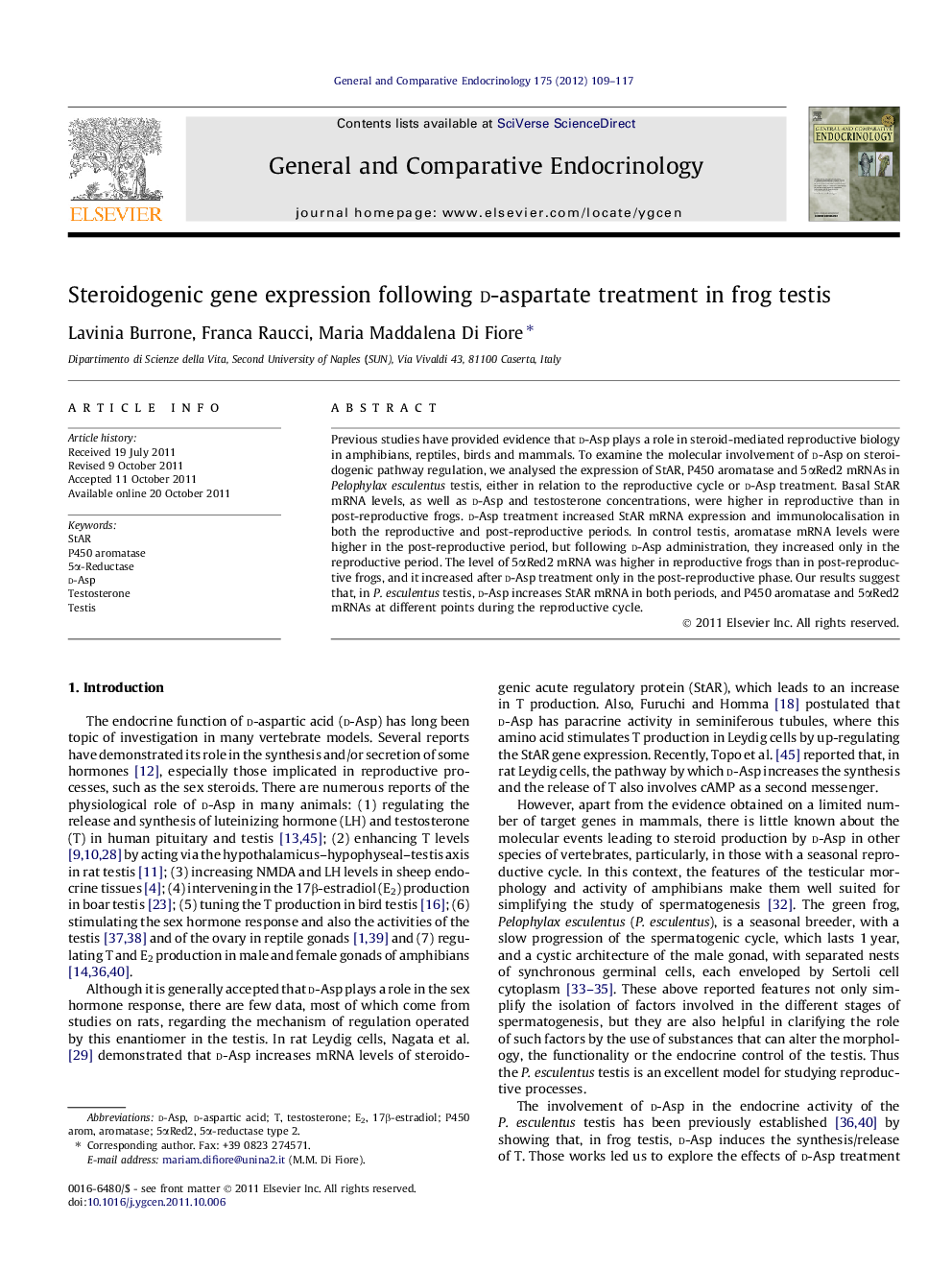 Steroidogenic gene expression following d-aspartate treatment in frog testis