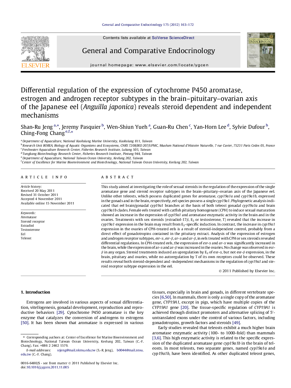 Differential regulation of the expression of cytochrome P450 aromatase, estrogen and androgen receptor subtypes in the brain–pituitary–ovarian axis of the Japanese eel (Anguilla japonica) reveals steroid dependent and independent mechanisms