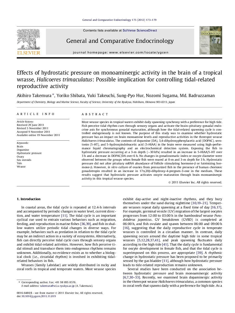 Effects of hydrostatic pressure on monoaminergic activity in the brain of a tropical wrasse, Halicoeres trimaculatus: Possible implication for controlling tidal-related reproductive activity