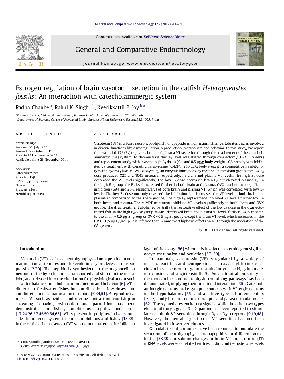 Estrogen regulation of brain vasotocin secretion in the catfish Heteropneustes fossilis: An interaction with catecholaminergic system