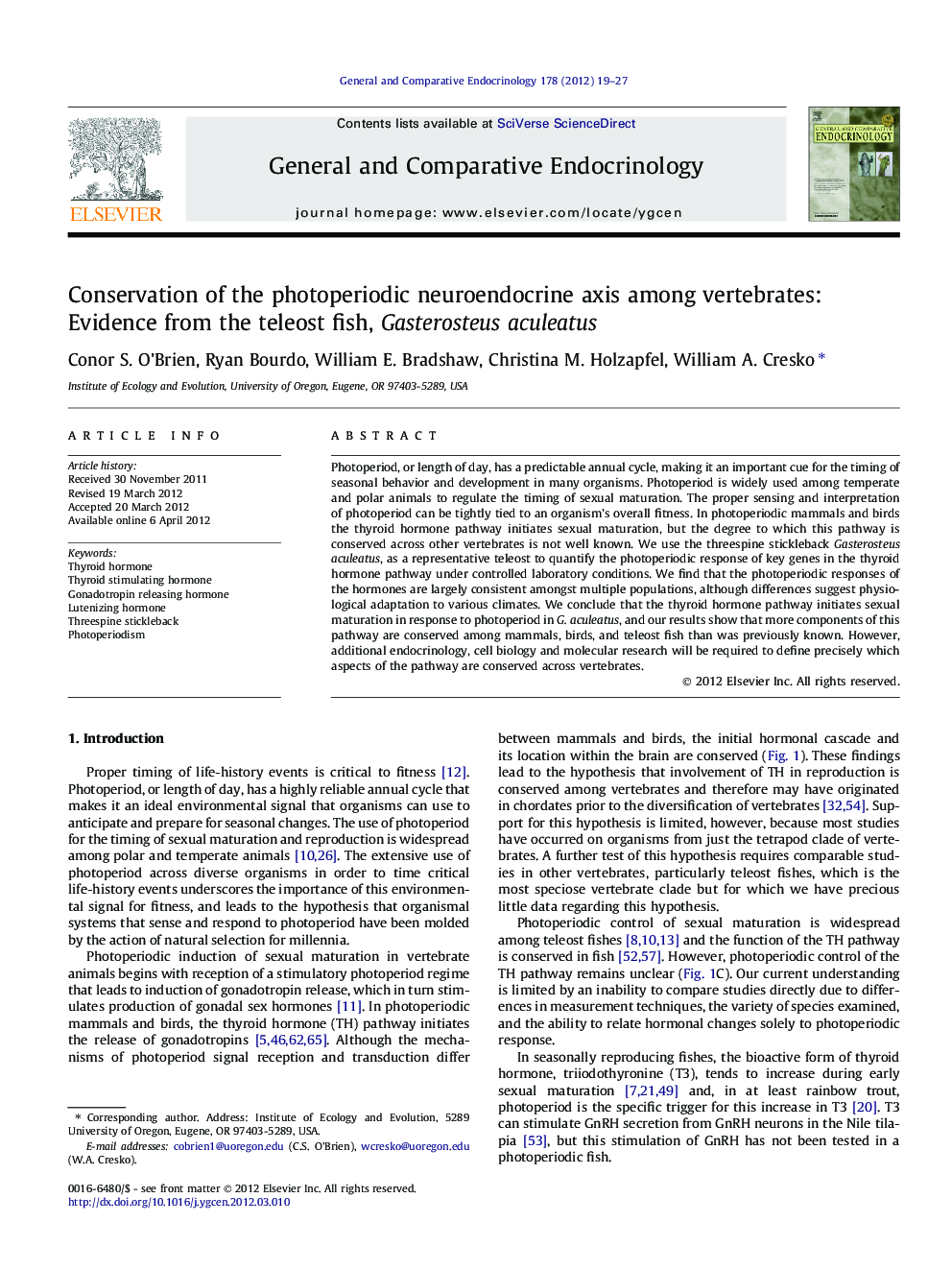 Conservation of the photoperiodic neuroendocrine axis among vertebrates: Evidence from the teleost fish, Gasterosteus aculeatus