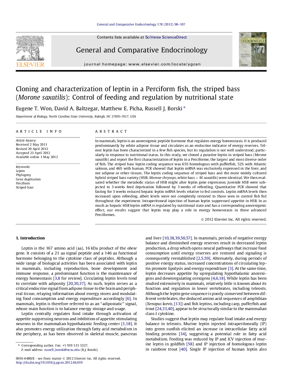 Cloning and characterization of leptin in a Perciform fish, the striped bass (Morone saxatilis): Control of feeding and regulation by nutritional state