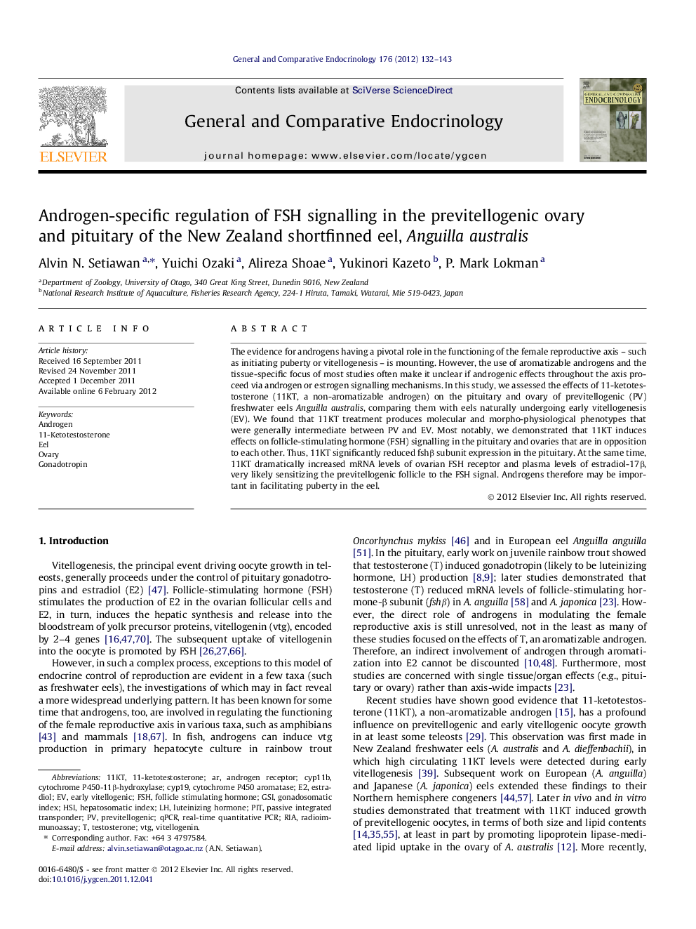 Androgen-specific regulation of FSH signalling in the previtellogenic ovary and pituitary of the New Zealand shortfinned eel, Anguilla australis