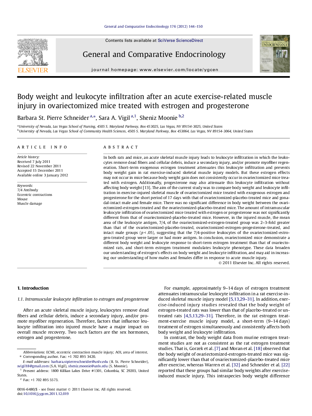 Body weight and leukocyte infiltration after an acute exercise-related muscle injury in ovariectomized mice treated with estrogen and progesterone