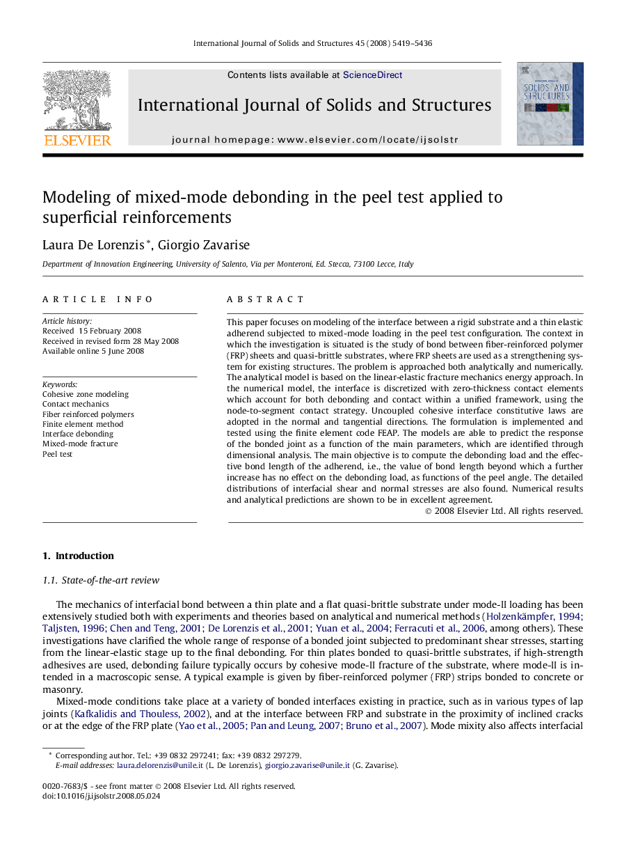 Modeling of mixed-mode debonding in the peel test applied to superficial reinforcements