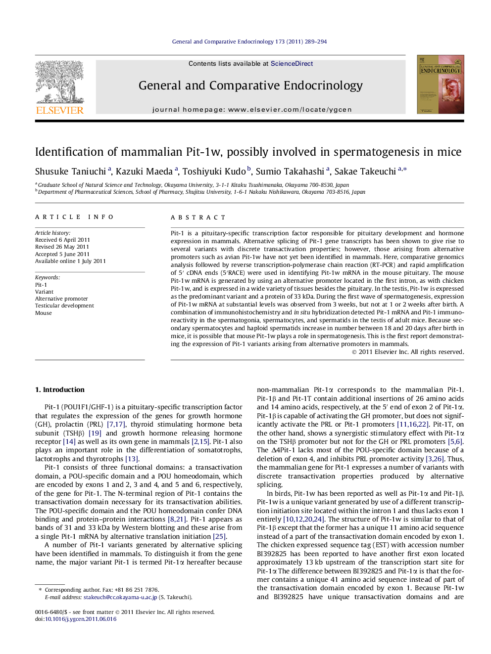 Identification of mammalian Pit-1w, possibly involved in spermatogenesis in mice