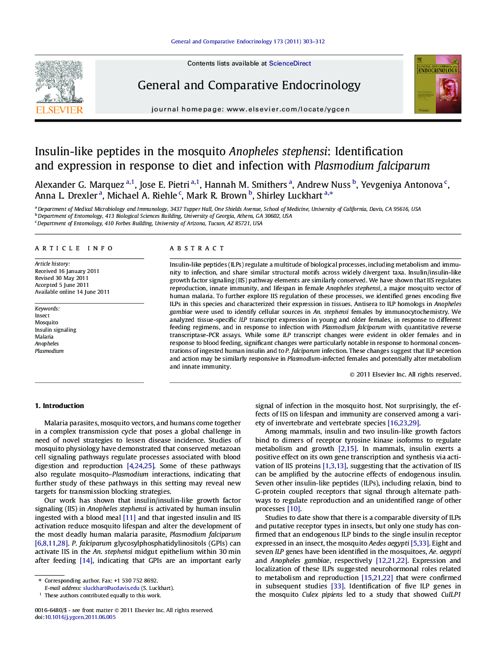 Insulin-like peptides in the mosquito Anopheles stephensi: Identification and expression in response to diet and infection with Plasmodium falciparum