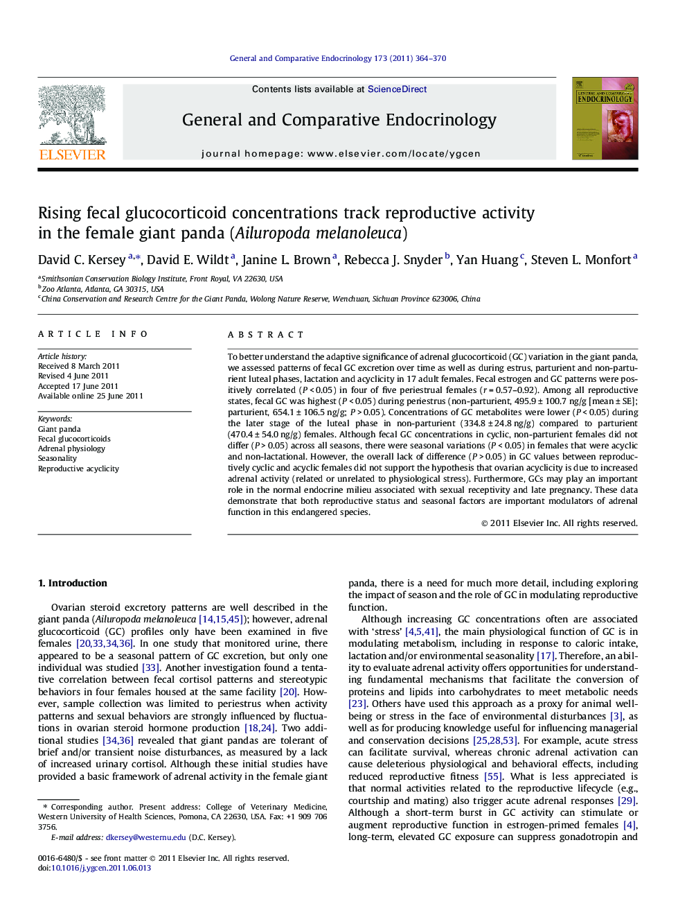 Rising fecal glucocorticoid concentrations track reproductive activity in the female giant panda (Ailuropoda melanoleuca)