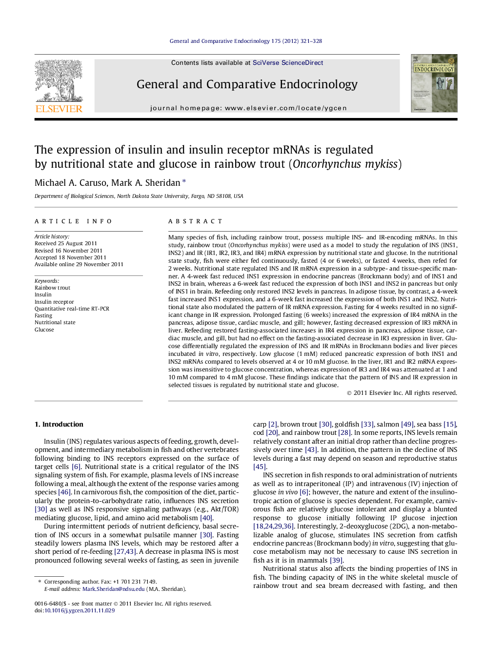 The expression of insulin and insulin receptor mRNAs is regulated by nutritional state and glucose in rainbow trout (Oncorhynchus mykiss)