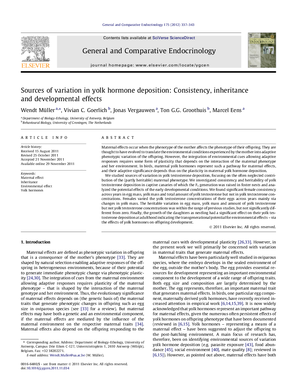 Sources of variation in yolk hormone deposition: Consistency, inheritance and developmental effects