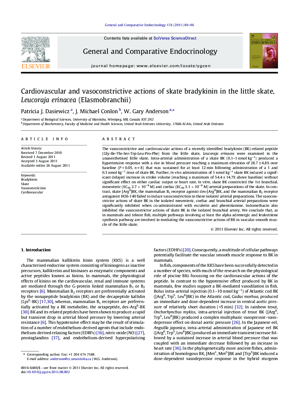 Cardiovascular and vasoconstrictive actions of skate bradykinin in the little skate, Leucoraja erinacea (Elasmobranchii)