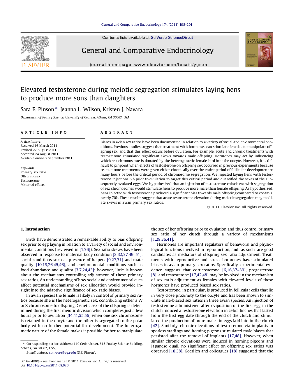 Elevated testosterone during meiotic segregation stimulates laying hens to produce more sons than daughters