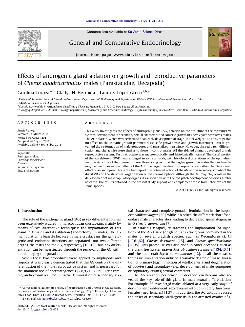 Effects of androgenic gland ablation on growth and reproductive parameters of Cherax quadricarinatus males (Parastacidae, Decapoda)