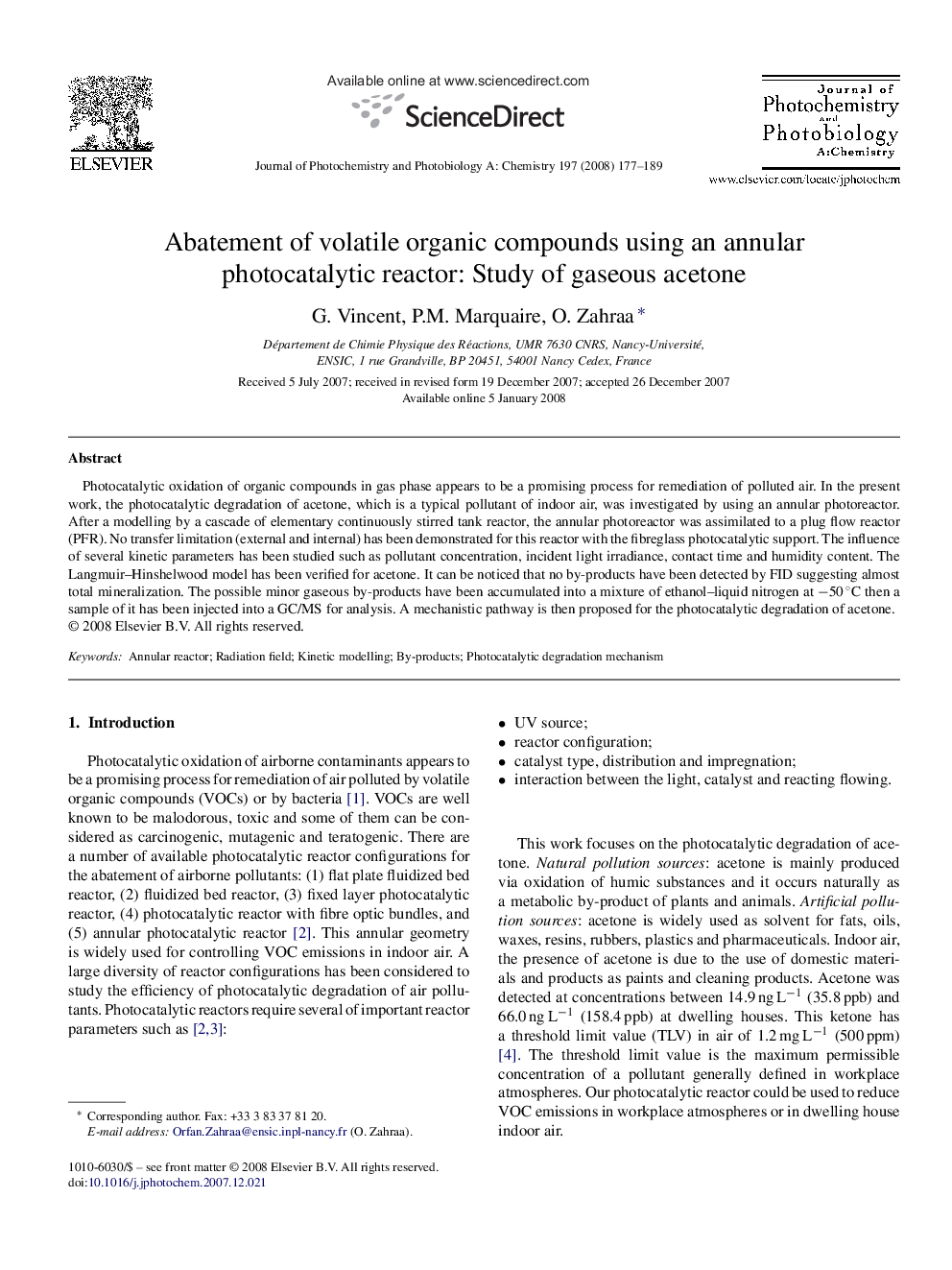 Abatement of volatile organic compounds using an annular photocatalytic reactor: Study of gaseous acetone