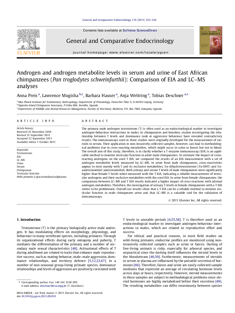 Androgen and androgen metabolite levels in serum and urine of East African chimpanzees (Pan troglodytes schweinfurthii): Comparison of EIA and LC–MS analyses