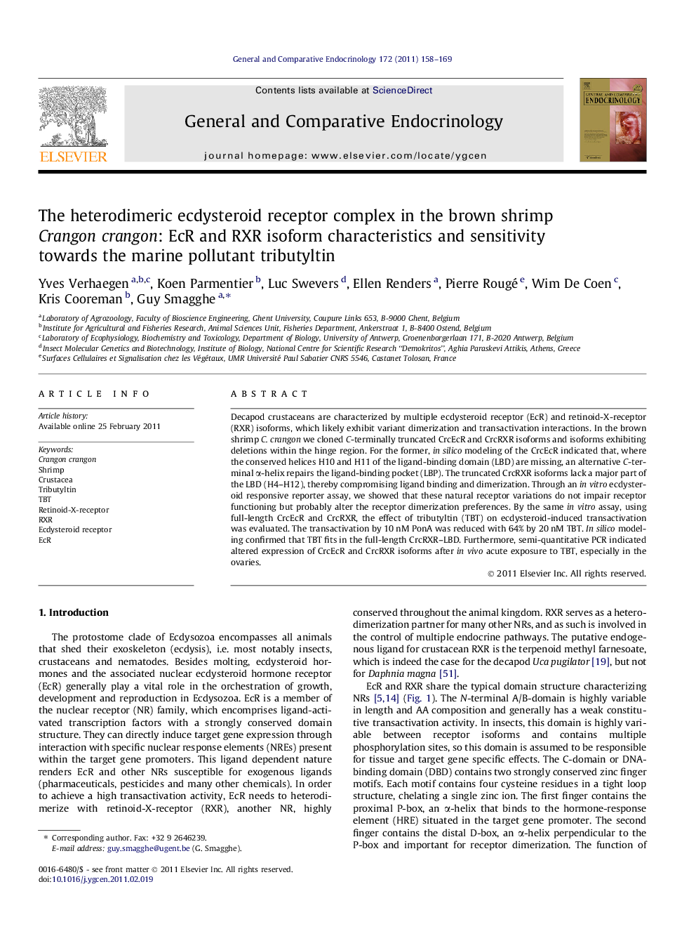 The heterodimeric ecdysteroid receptor complex in the brown shrimp Crangon crangon: EcR and RXR isoform characteristics and sensitivity towards the marine pollutant tributyltin