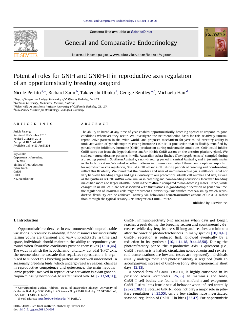 Potential roles for GNIH and GNRH-II in reproductive axis regulation of an opportunistically breeding songbird