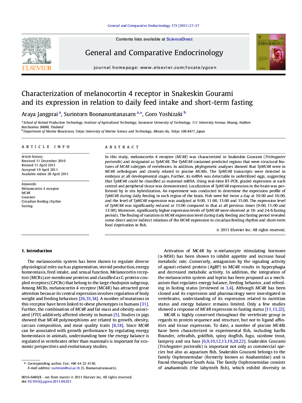 Characterization of melanocortin 4 receptor in Snakeskin Gourami and its expression in relation to daily feed intake and short-term fasting